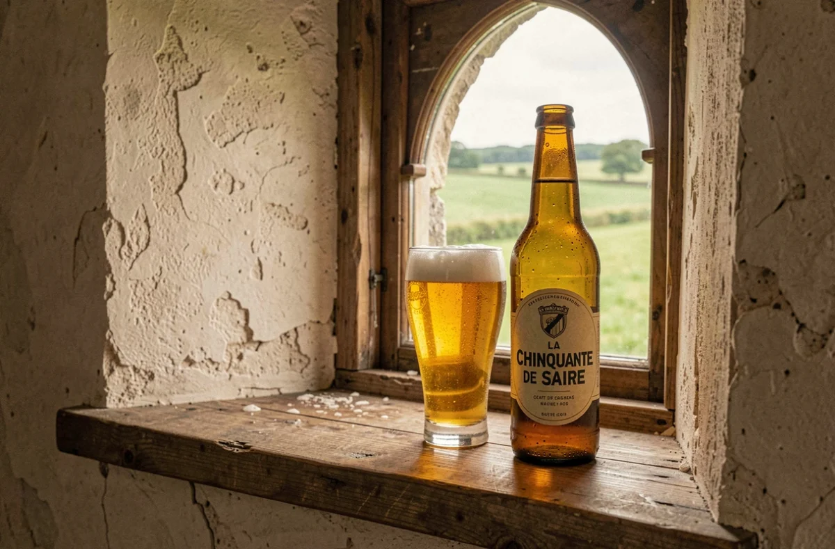 Bouteille de La Chinquante de la Pinte de Saire et verre de bière posés sur un rebord de fenêtre en pierre avec vue sur la campagne normande