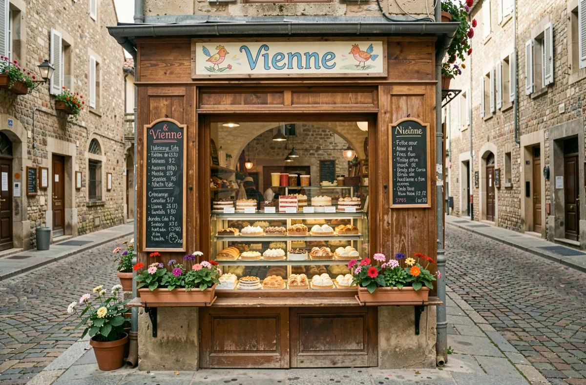 Façade de La Gâterie, pâtisserie artisanale dans une rue pavée de Vienne