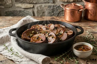 Langue de bœuf en cocotte minute nappée d'une sauce brune aux câpres et aux herbes, servie dans une cocotte en fonte rustique sur une table en chêne