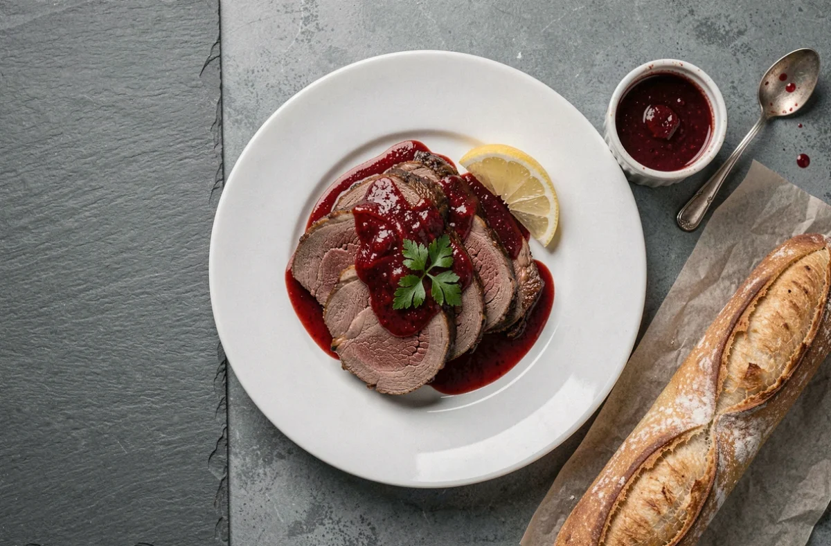 Tranche de langue de bœuf braisée nappée d'une sauce tomate et vin rouge dans une assiette blanche, avec une ramekin de sauce et une baguette croustillante