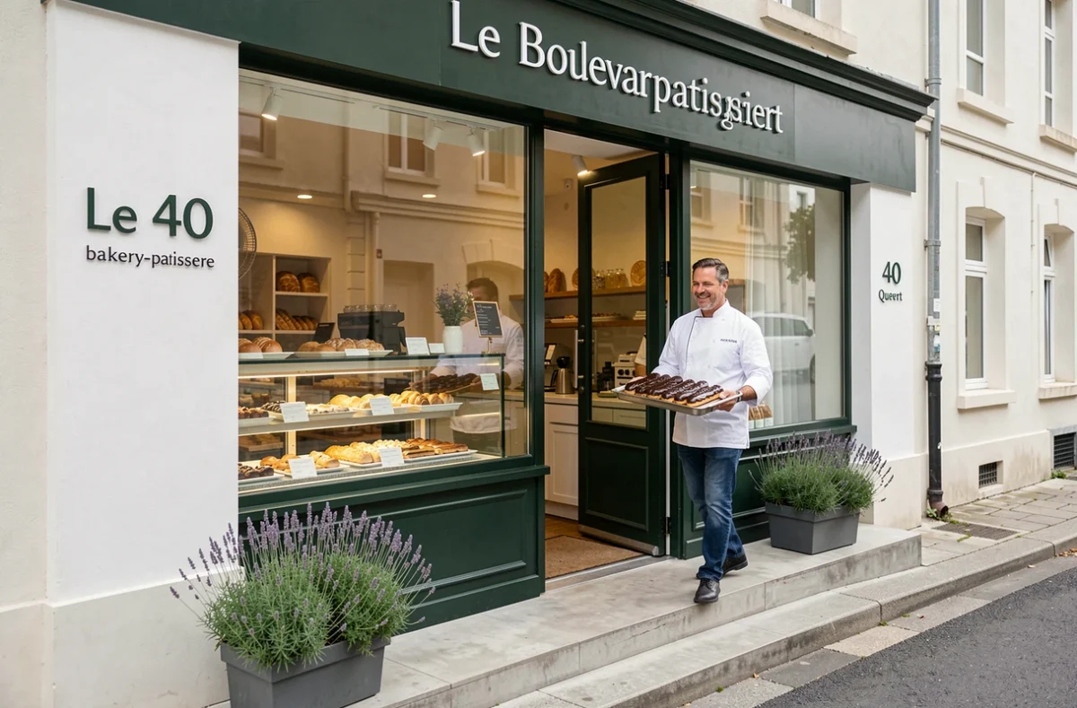 Façade contemporaine du 40 Boulevard à Quévert avec un boulanger présentant un plateau d'éclairs au chocolat devant l'entrée