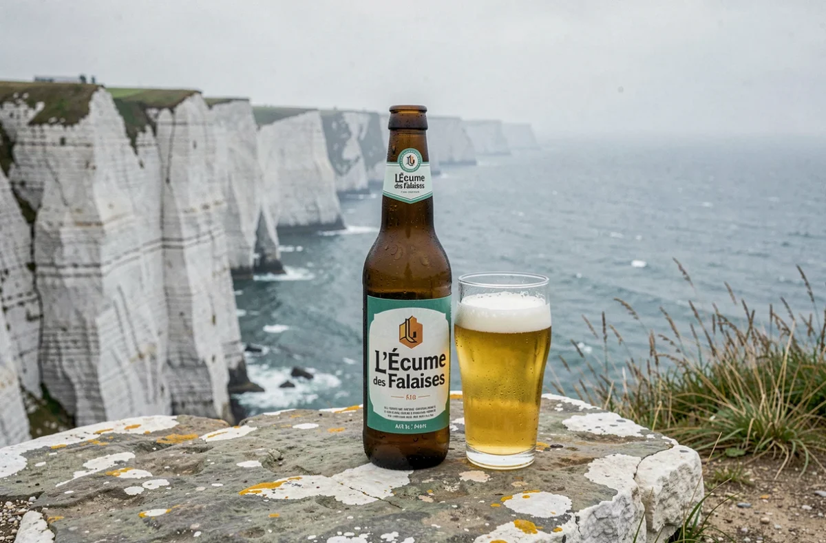 Bouteille de L'Écume des Falaises et verre de bière blonde posés sur une falaise de craie surplombant le littoral normand