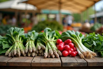 Étal de marché printanier en avril avec légumes de saison : asperges, épinards, radis et oignons nouveaux sur table en bois