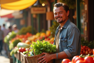 Leonardo DiCaprio souriant au marché avec légumes frais