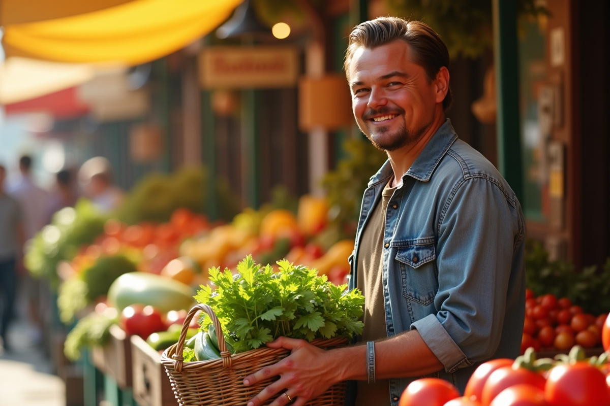 Leonardo DiCaprio souriant au marché avec légumes frais