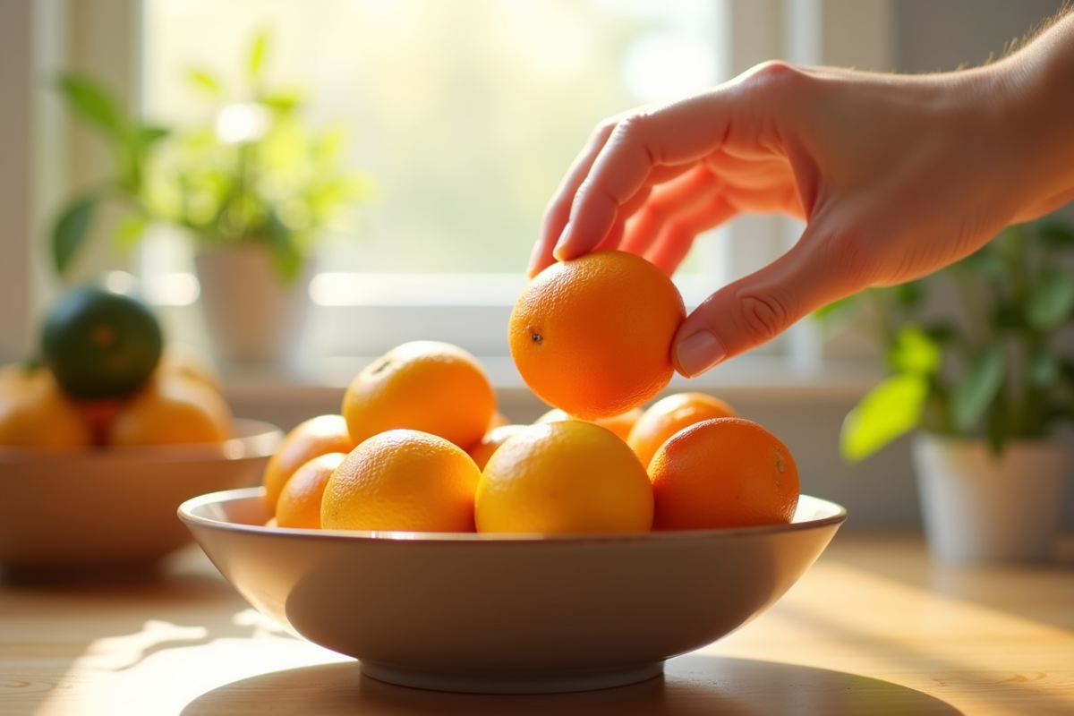 Main choisissant une mandarine dans un bol de citrus