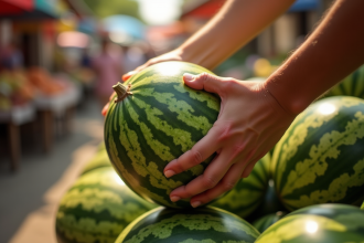 Mains examinant un melon mûr dans un marché d'été