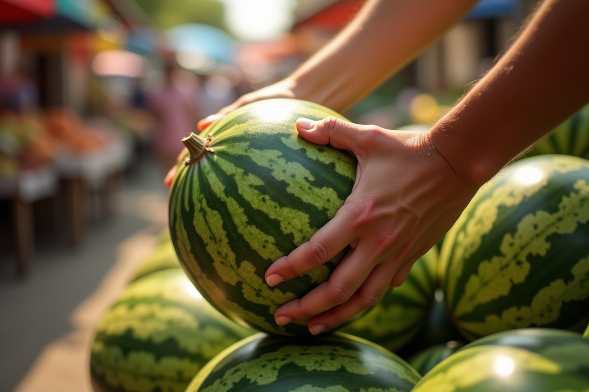 Mains examinant un melon mûr dans un marché d'été