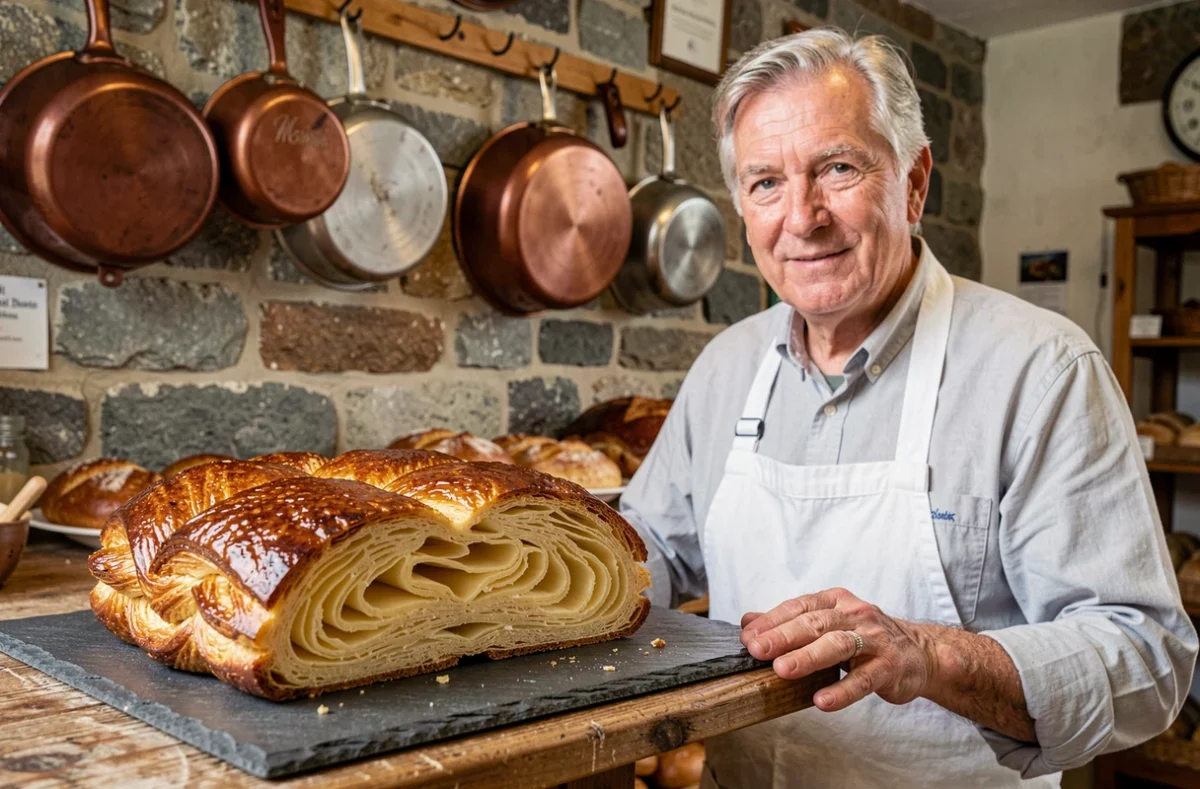 Kouign-amann doré fraîchement sorti du four de la Maison Le Daniel, posé sur une ardoise avec un boulanger traditionnel en arrière-plan