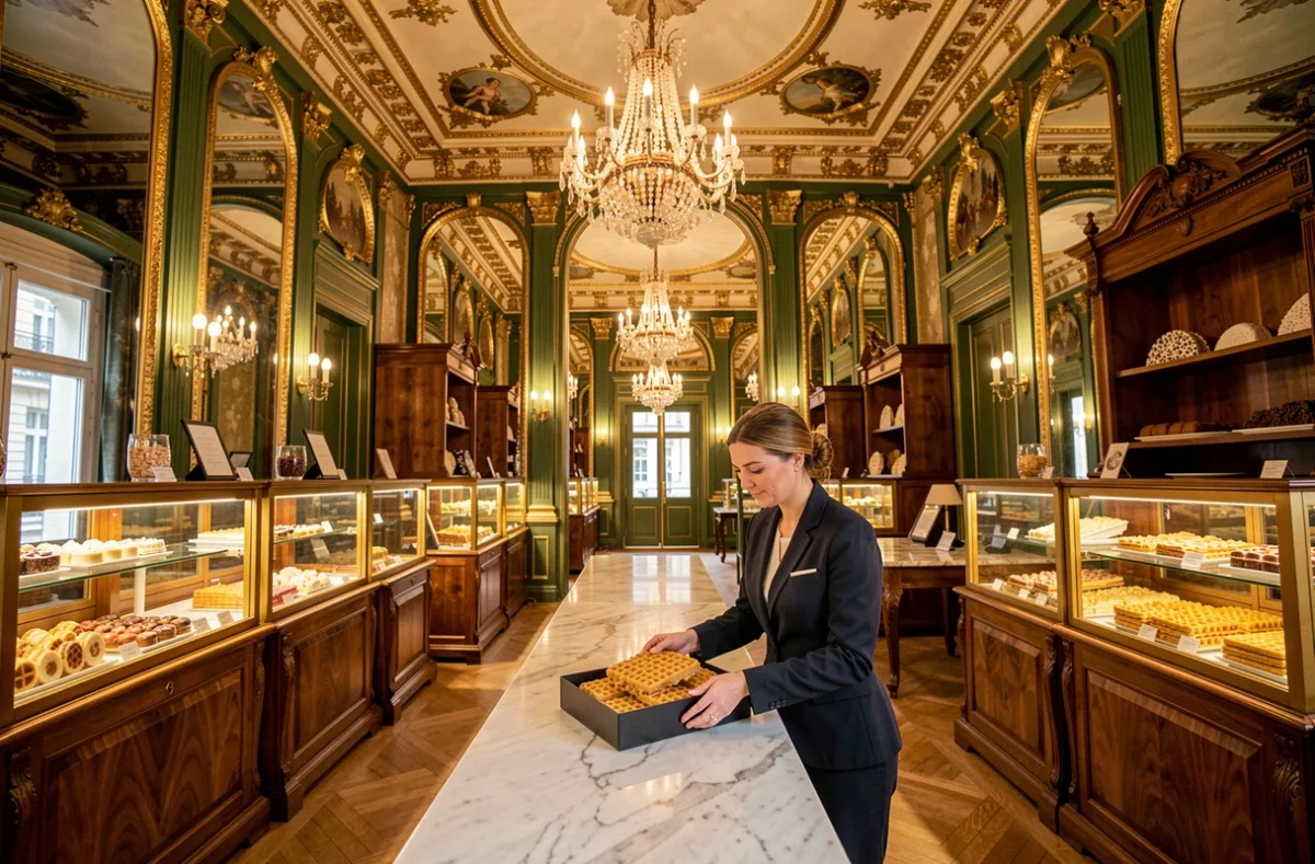 Intérieur historique et doré du salon de la Maison Méert à Lille avec ses vitrines de gaufres fines et son décor du XVIIIe siècle