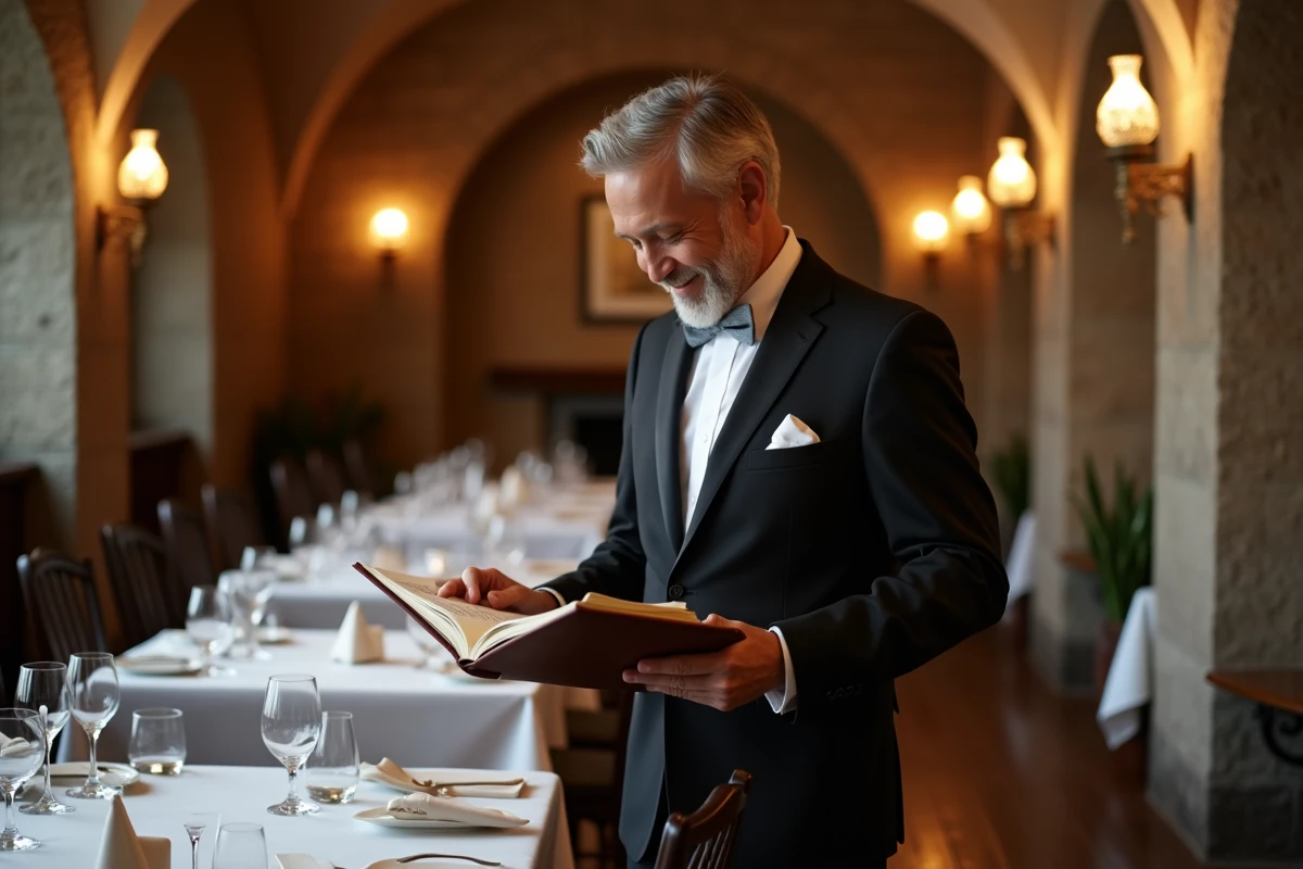 Maître d'hôtel présentant le registre des réservations dans un restaurant gastronomique étoilé à Lille