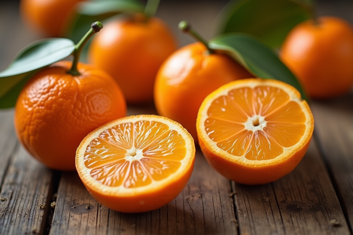 Mandarines fraîches sur une table en bois naturel