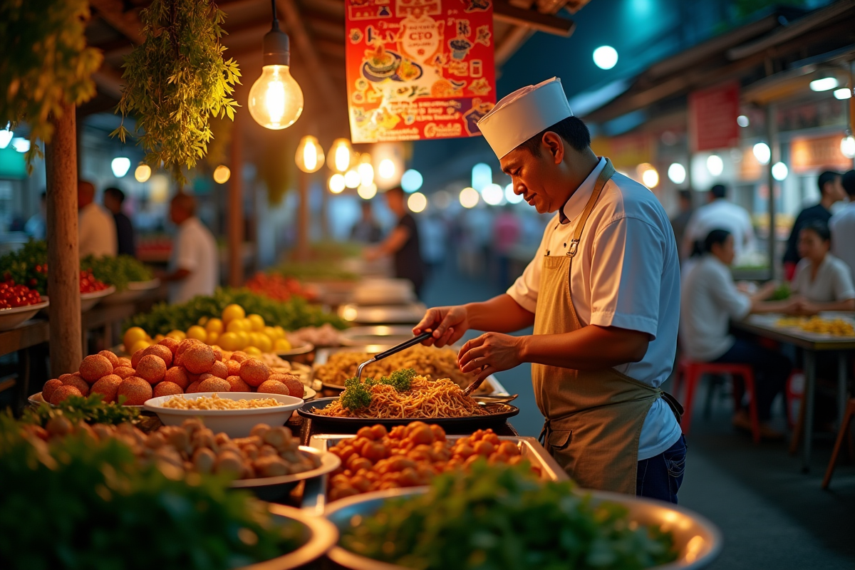 Marché de rue thaïlandais en soirée avec chef préparant du Pad Thai
