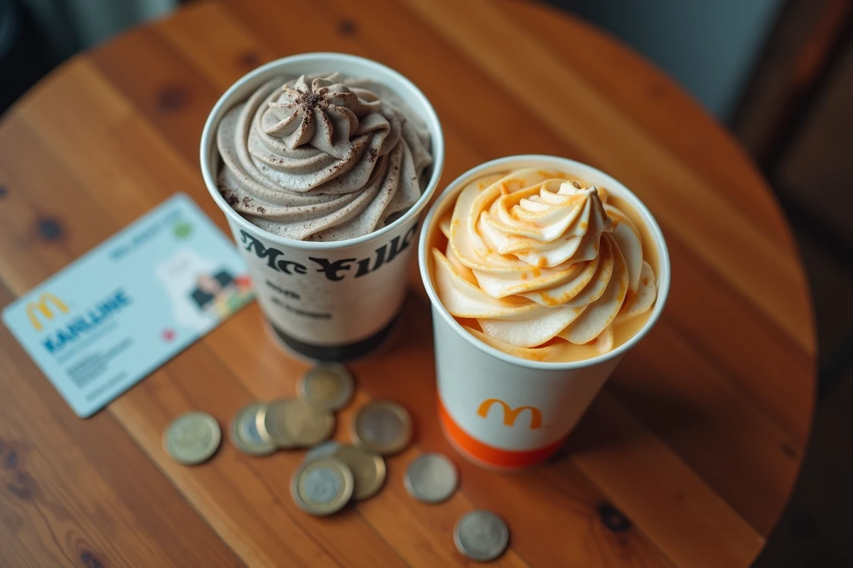 Deux McFlurry McDonald's posés sur une table avec une carte étudiante et des pièces en euros, prix et réductions 2026