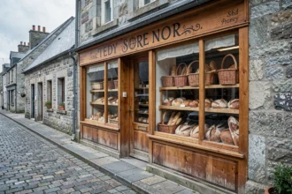 Devanture d'une boulangerie artisanale bretonne sur une rue pavée, avec des pains exposés en vitrine et une façade en bois rustique