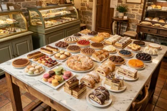 Assortiment de pâtisseries françaises sur une table en marbre dans une boutique artisanale en Auvergne-Rhône-Alpes