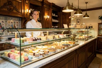 Vitrine d'une pâtisserie des Hauts-de-France avec des gâteaux régionaux colorés et une pâtissière souriante derrière le comptoir