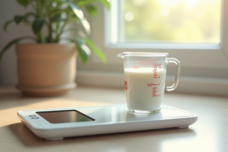 Verre doseur avec 40 cl de lait sur plan de travail lumineux