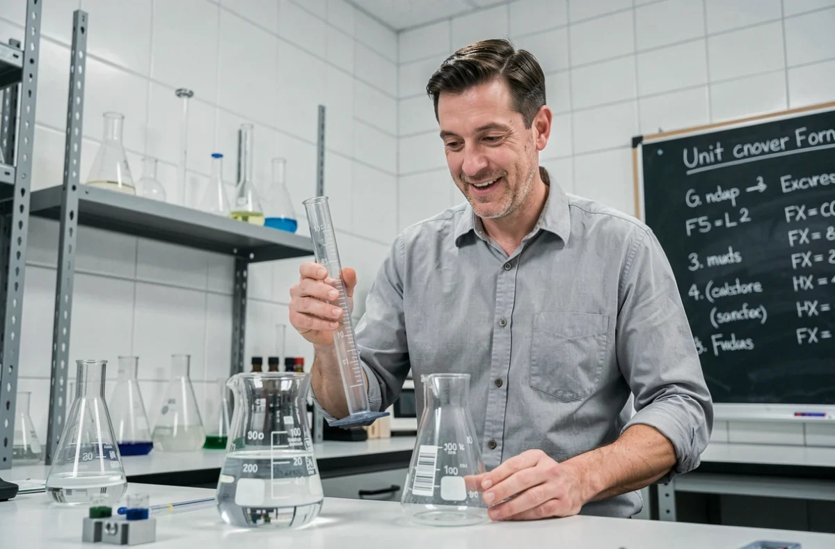 Professeur de sciences tenant un cylindre gradué en millilitres à côté d'un bécher d'un litre dans un laboratoire scolaire