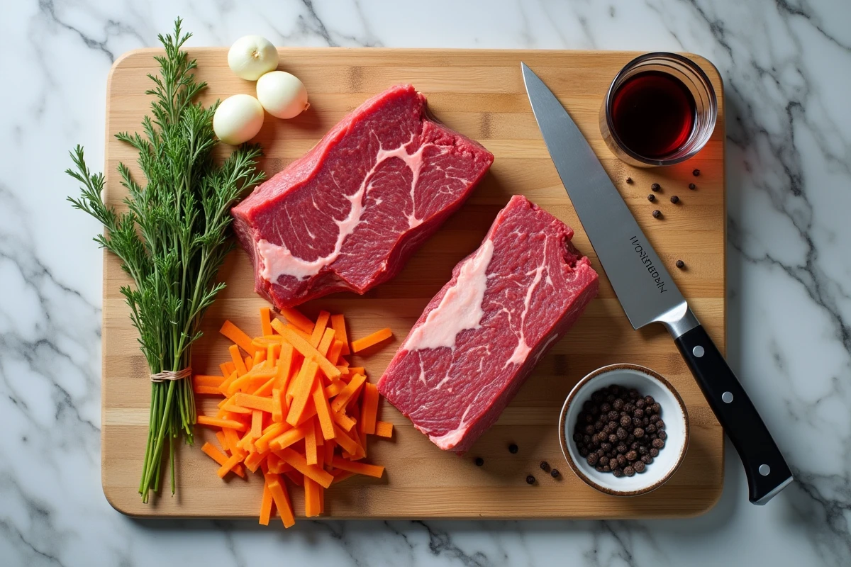 Mise en place des ingrédients pour un boeuf carotte modernisé au Cookeo sur un plateau en bois posé sur un plan de travail en marbre