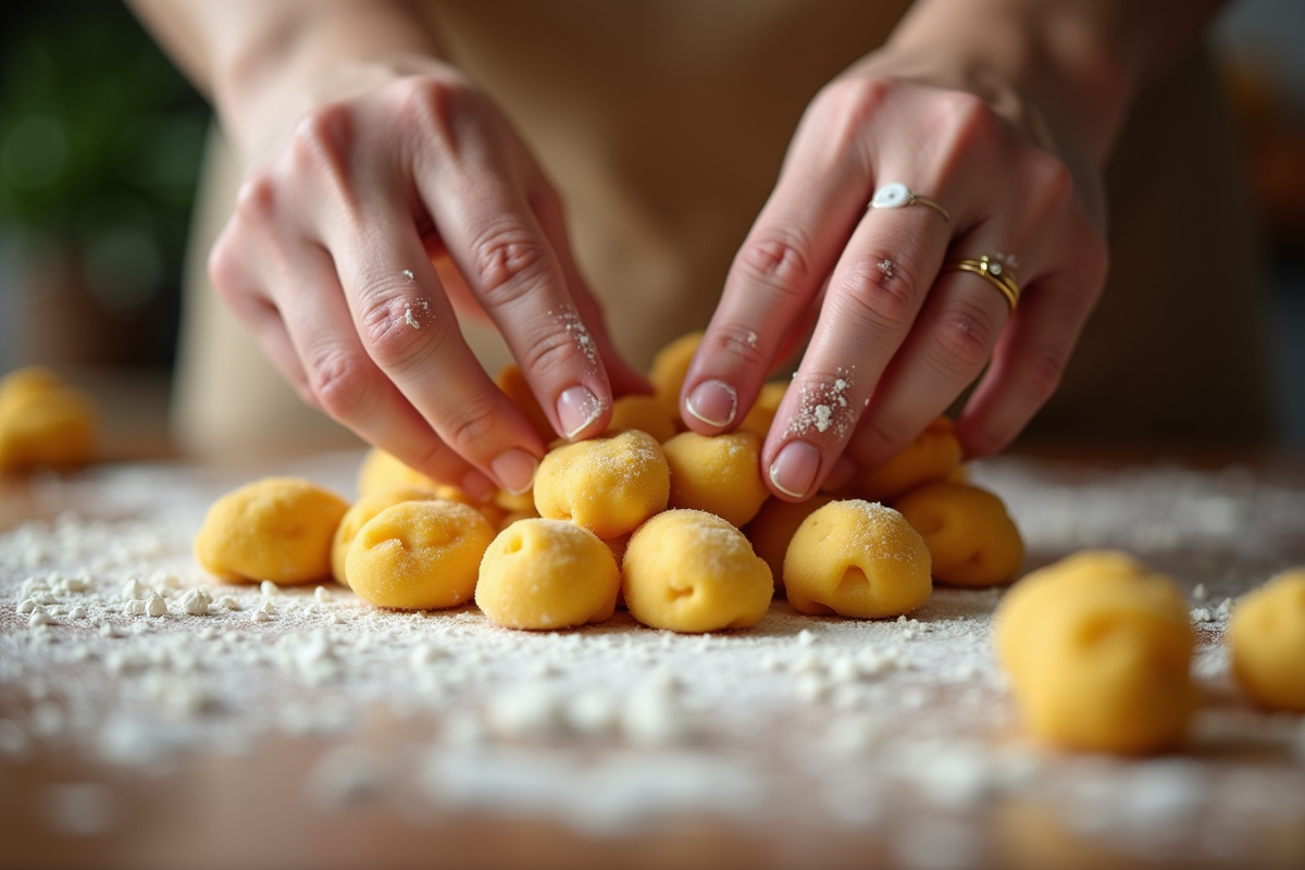 Mains façonnant la pâte à gnocchis de citrouille sur une surface farinée