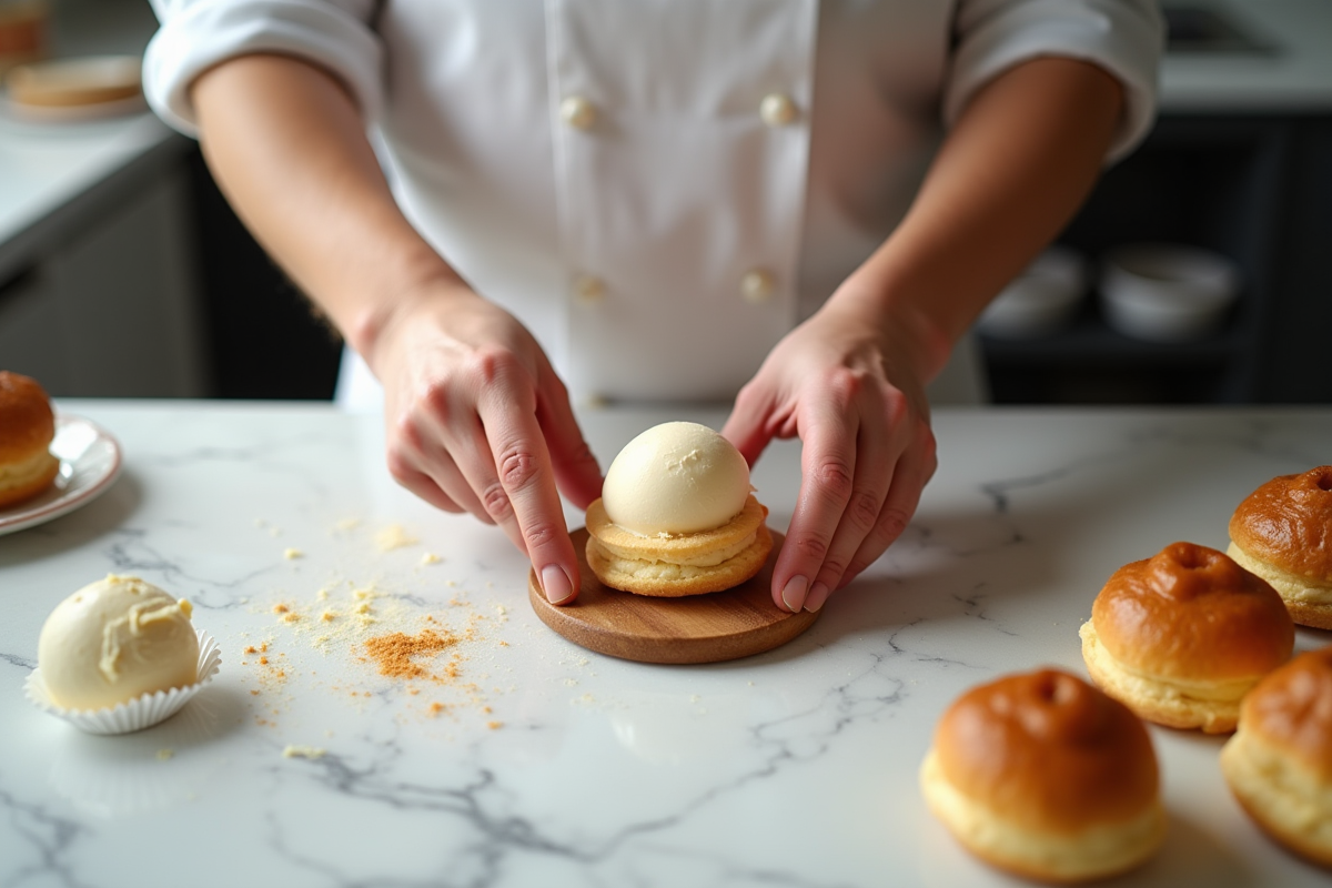 Chef assemble profiteroles à la vanille sur un plan de travail