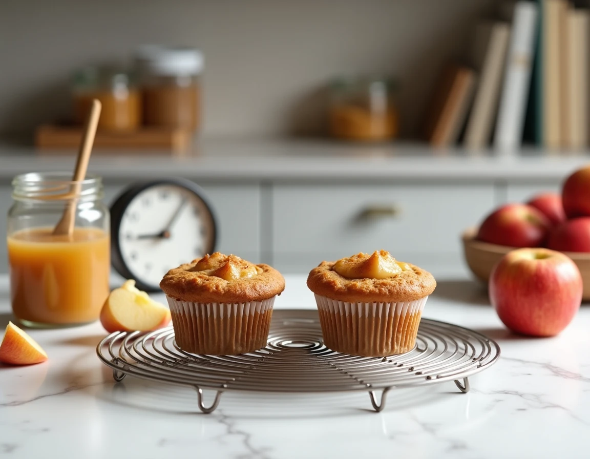 Deux muffins à la compote de pomme express sur une grille de refroidissement avec un pot de compote maison et un minuteur de cuisine