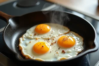 Œufs au plat dans une poêle en fonte sur une cuisinière moderne, riches en protéines pour un régime hyperprotéiné