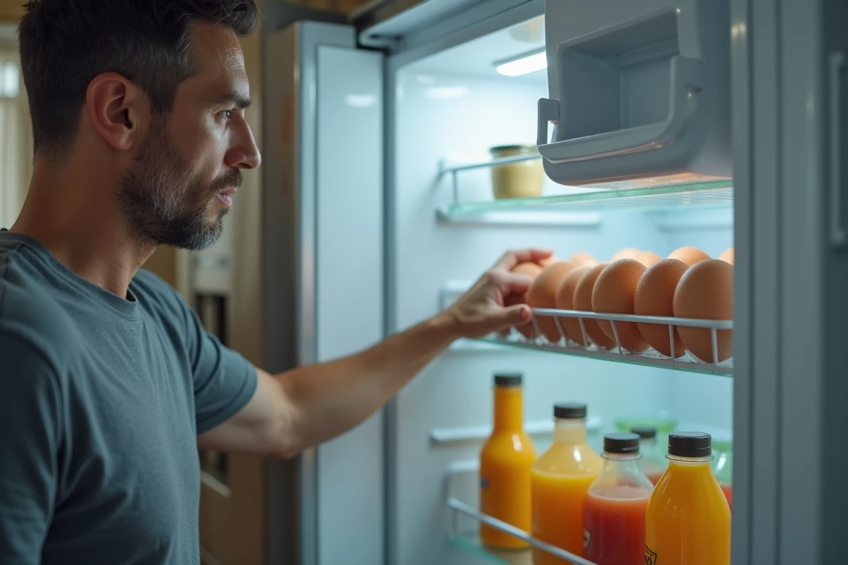 Œufs mal conservés sur la porte du réfrigérateur avec condensation, erreur fréquente de stockage des œufs