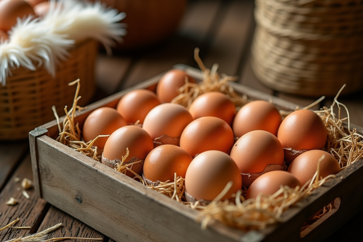Oeufs non lavés dans une caisse en bois avec paille et éléments de ferme