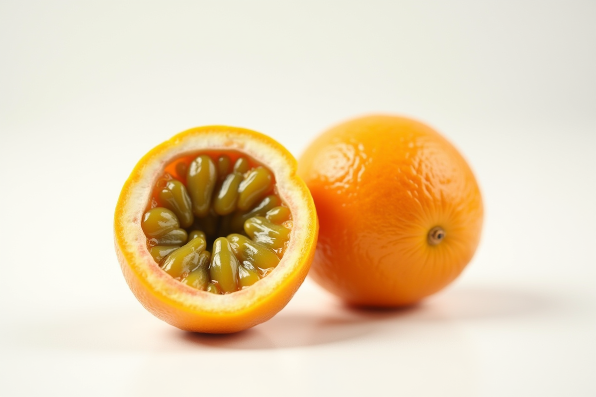 Passion fruit orange coupé en deux avec graines et pulpe juteuse