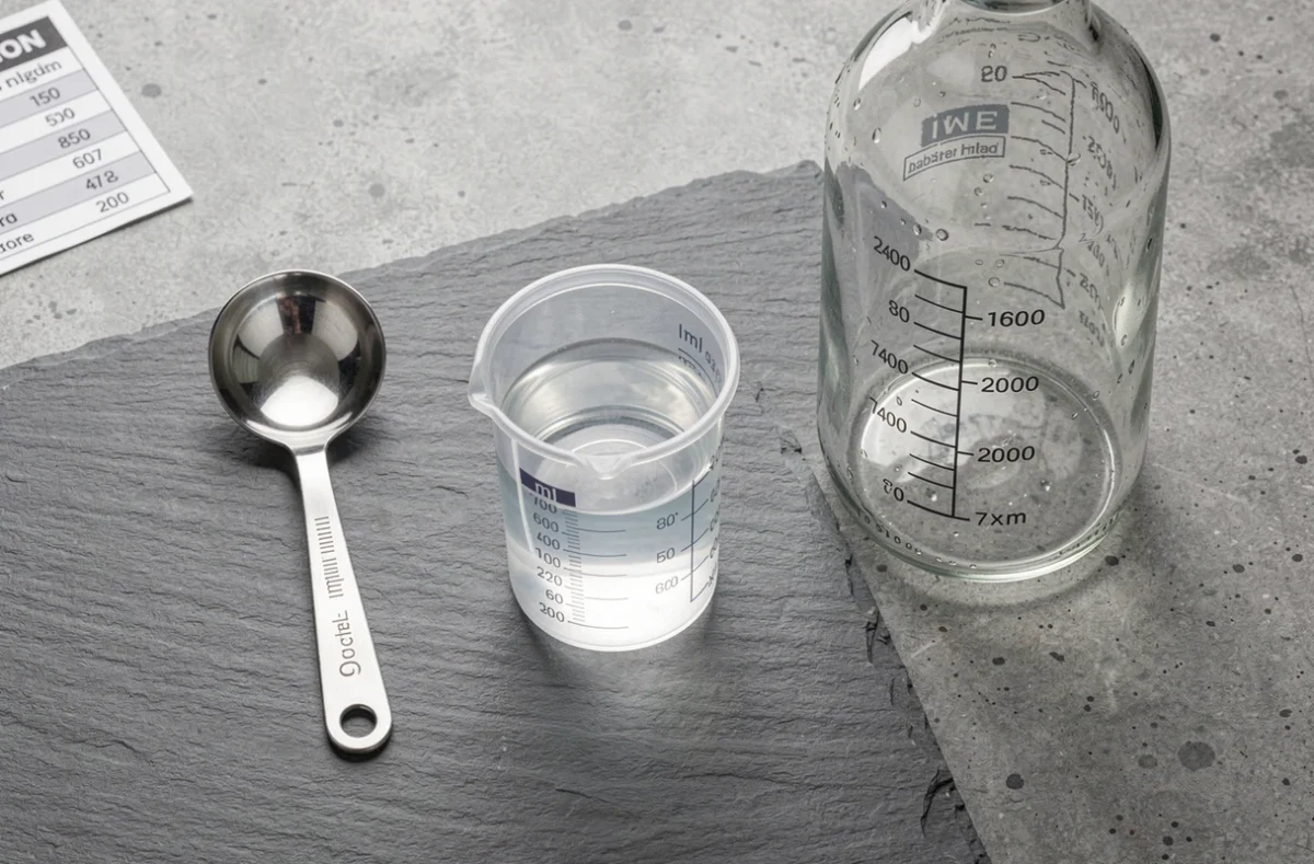 Gros plan de cuillères doseuses en millilitres, gobelet gradué et bouteille d'un litre sur plan de travail ardoise pour illustrer la conversion de mesures