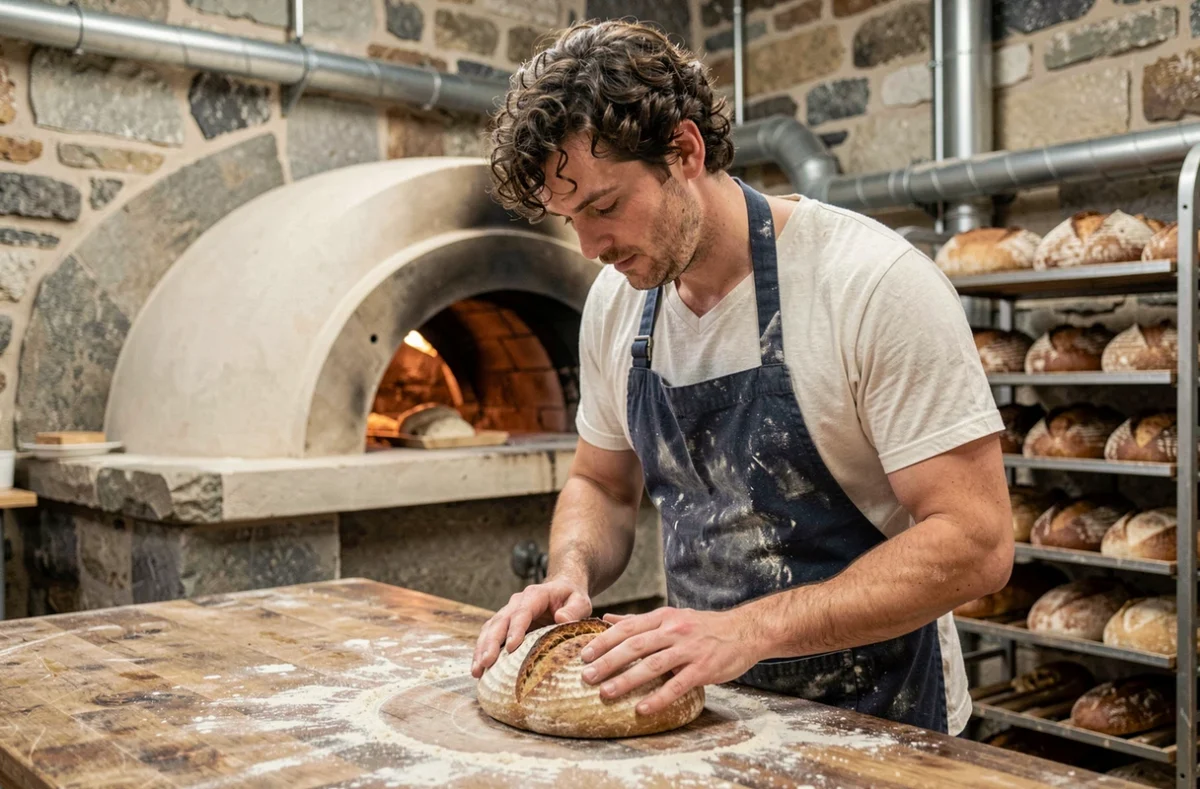 Boulanger de Painpanté à Brest façonnant une miche de pain au levain sur un plan de travail en bois fariné dans un fournil en pierre
