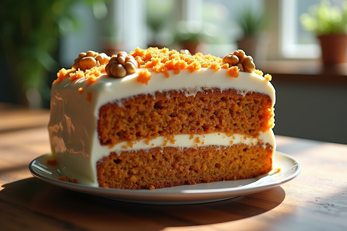 Partage d'une part de gâteau à la carotte frais et moelleux