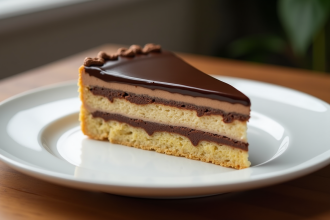 Tranche d'opéra gâteau chocolaté sur assiette blanche