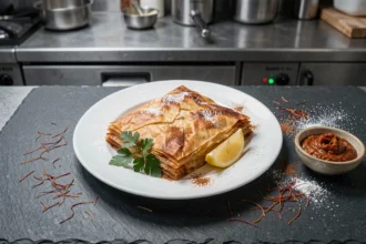 Pastilla aux fruits de mer façon chef présentée sur ardoise avec sucre glace et cannelle