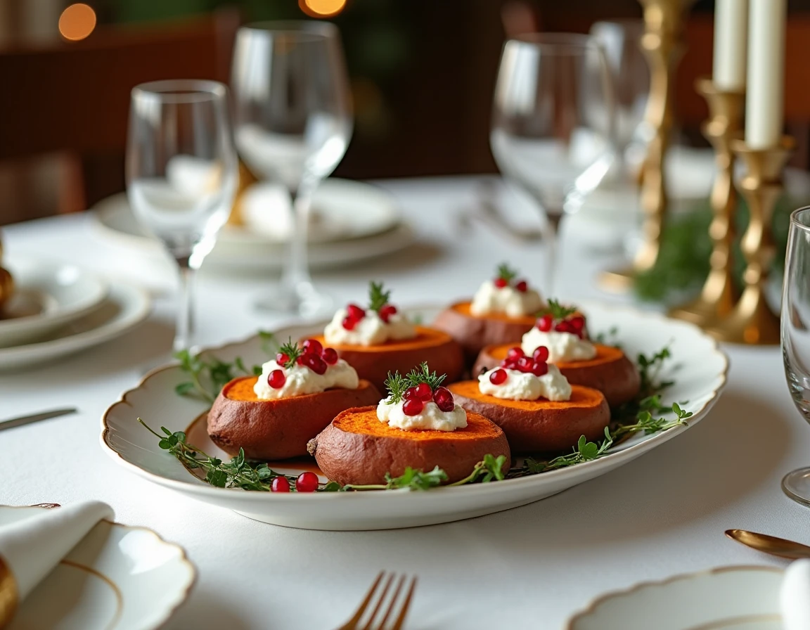 Plat de patates douces rôties au fromage de chèvre et graines de grenade sur une table de fête élégamment dressée avec bougies dorées