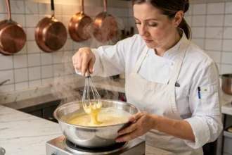 Cheffe pâtissière en train de fouetter une pâte à bombe au bain-marie, observant la texture ruban sans thermomètre