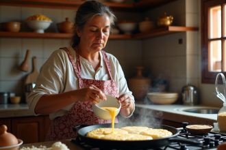 Femme marocaine versant la pate de baghrir dans une cuisine chaleureuse