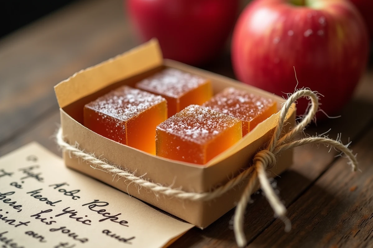 Carrés de pâte de fruit à la pomme enrobés de sucre présentés dans une boîte kraft avec une carte de recette manuscrite et des pommes rouges