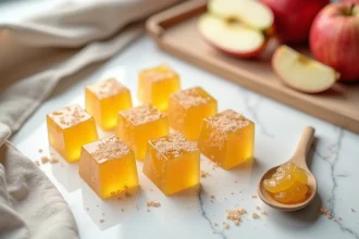 Pâtes de fruit à la pomme maison roulées dans le sucre cristallisé, disposées sur un plan de travail en marbre blanc avec des tranches de pomme fraîche