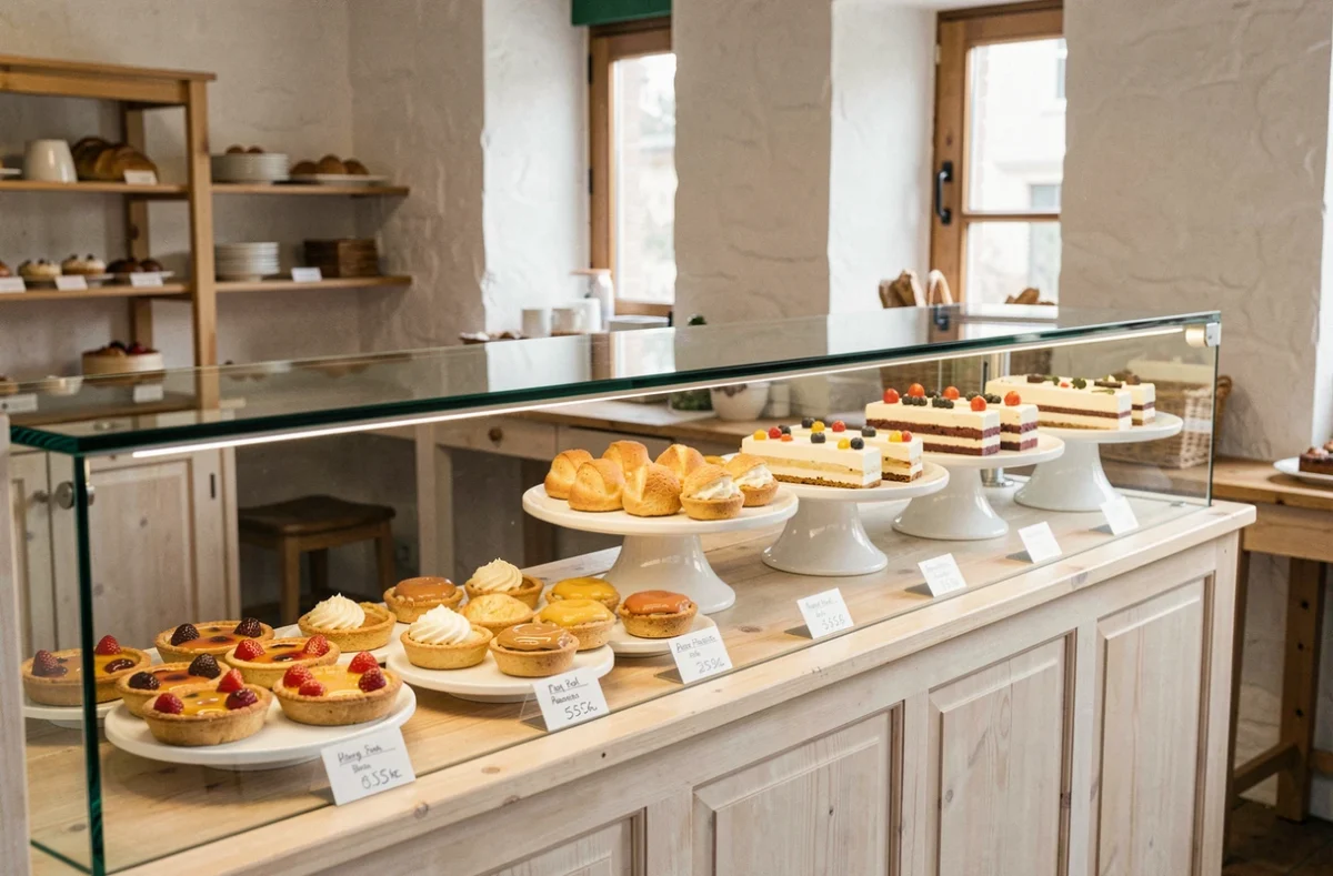 Comptoir de pâtisseries fines à la Pâtisserie L'Essentiel à Morestel