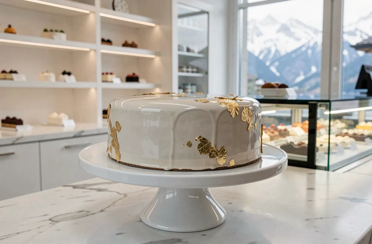 Entremet au glaçage miroir et feuille d'or de la pâtisserie Philippe Rigollot à Annecy