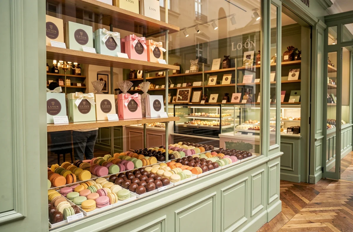 Macarons colorés et chocolats en vitrine de la pâtisserie Sébastien Bouillet à Lyon