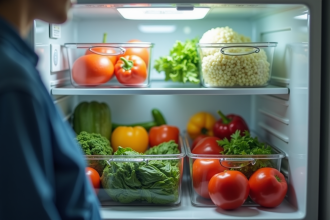 Personne rangeant legumes frais dans un congélateur propre