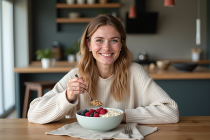 Femme souriante dégustant un bol de petit déjeuner protéiné