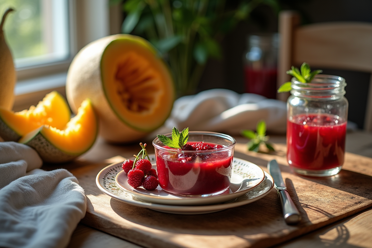 Table en bois avec compote de sureau et fruits pour petit déjeuner
