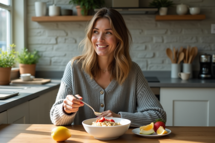 Femme souriante prenant un petit déjeuner équilibré dans une cuisine lumineuse
