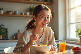 Femme souriante prenant un bol de yogourt frais avec fruits