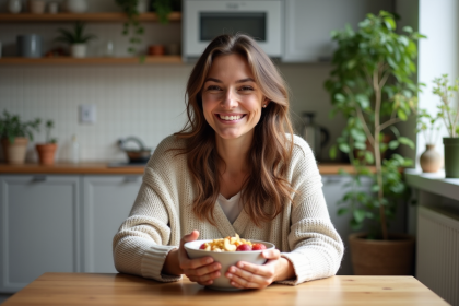 Femme souriante mangeant un bol d'avoine dans la cuisine